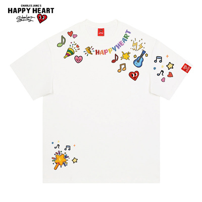 查尔斯桃心 美式童趣音符项链印花短袖T恤男女夏季宽松纯棉半袖