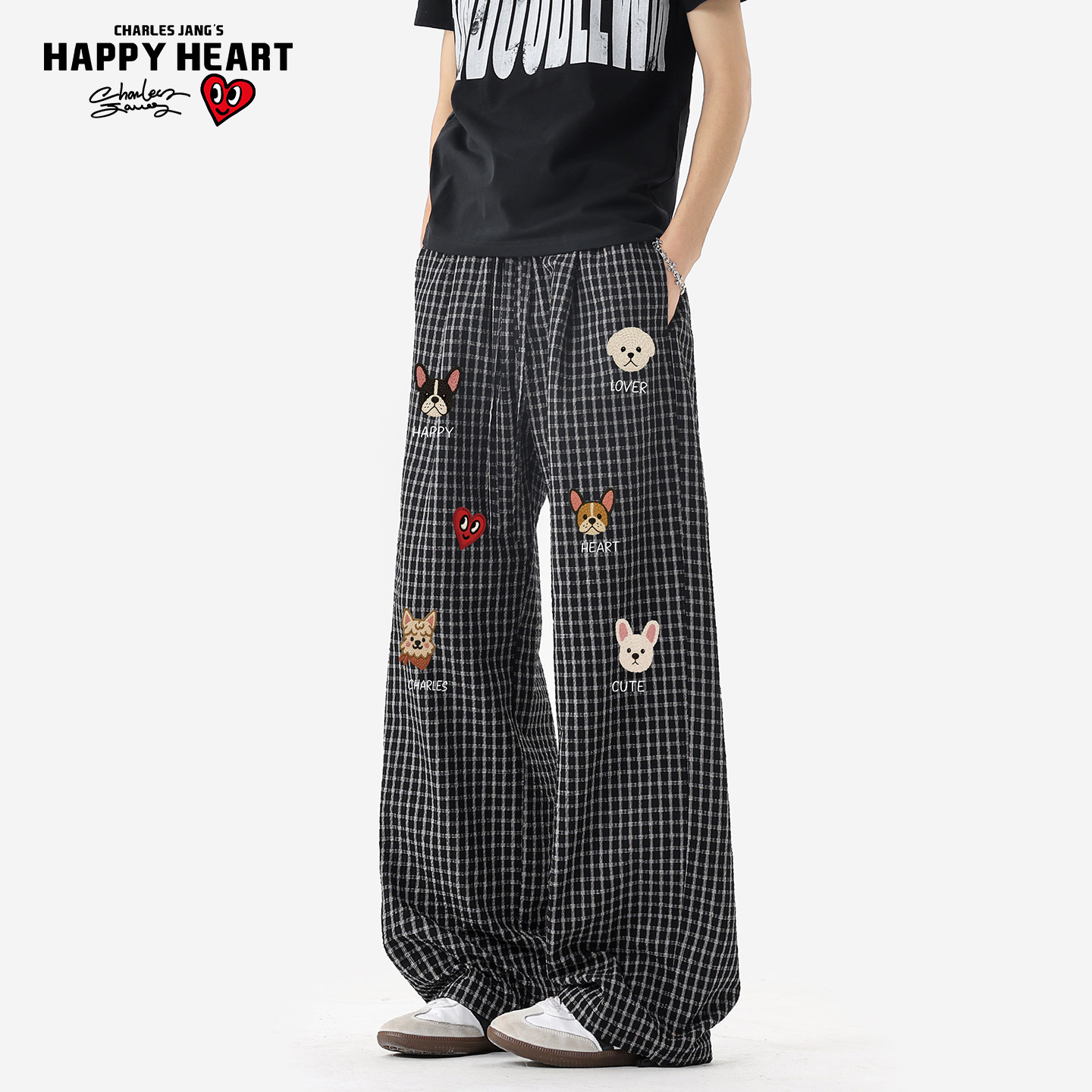 查尔斯桃心格纹直筒休闲裤春秋拼接美式高级感慵懒帅气潮牌裤子男,男装,休闲裤,淘宝优惠券,粉丝福利购,淘宝优惠卷