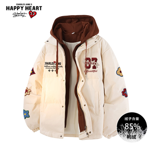 查尔斯桃心花朵字母印花假两件羽绒服男女冬季新款防寒百搭外套潮