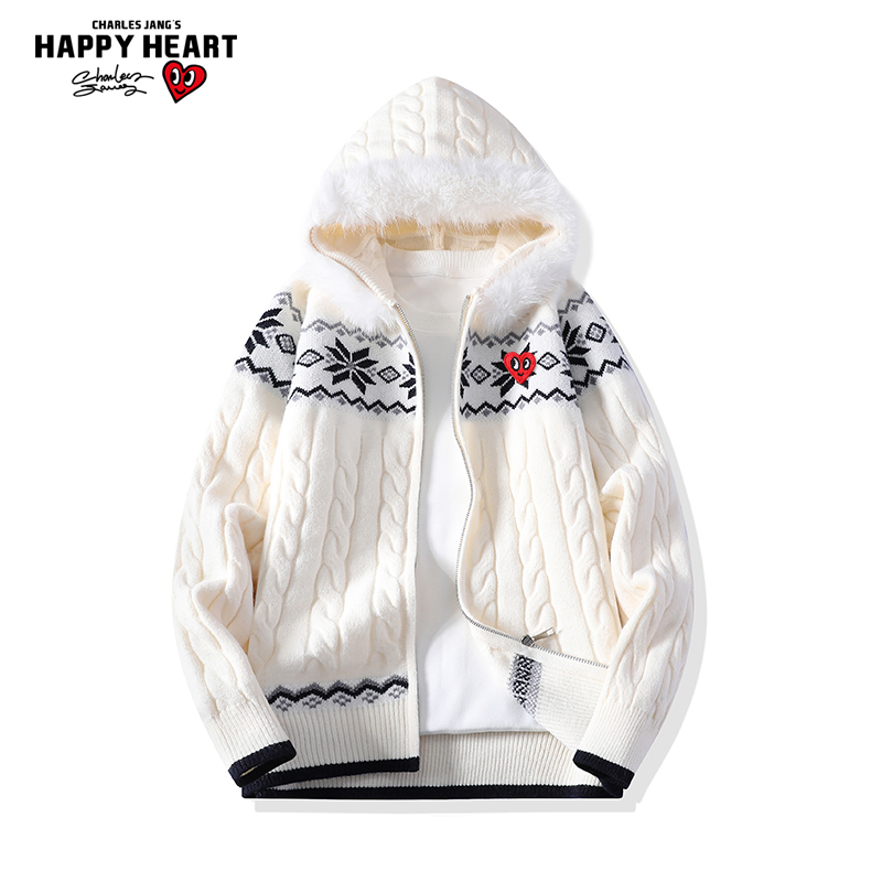 查尔斯桃心费尔岛麻花开衫针织外套男女冬季新款休闲连帽情侣毛衣