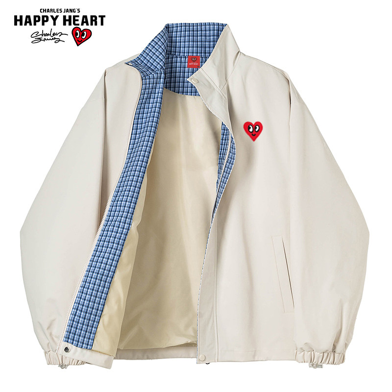 查尔斯桃心拼色格子立领夹克休闲
