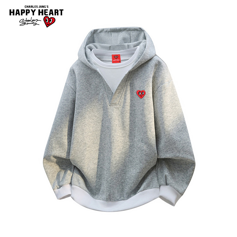 查尔斯桃心美式连帽假两件卫衣男女春秋季新款百搭宽松运动外套潮