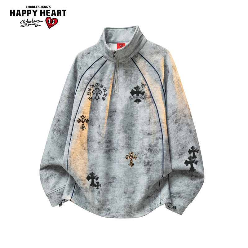 查尔斯桃心十字架印花立领扎染半拉链卫衣男女春秋季新款潮牌上衣