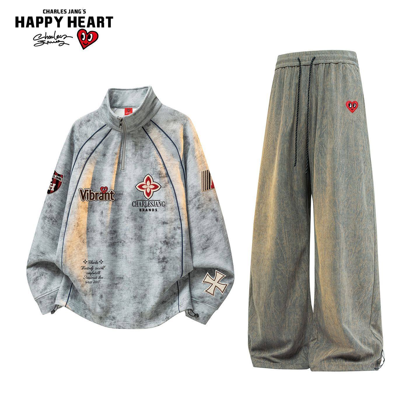 查尔斯桃心美式徽章扎染满印立领卫衣套装男女宽松休闲长裤两件套,男装,休闲运动套装,淘宝优惠券,粉丝福利购,淘宝优惠卷