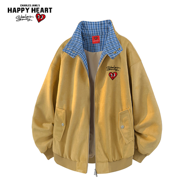查尔斯桃心美式撞色翻领格子夹克外套男秋季情侣款宽松休闲上衣服