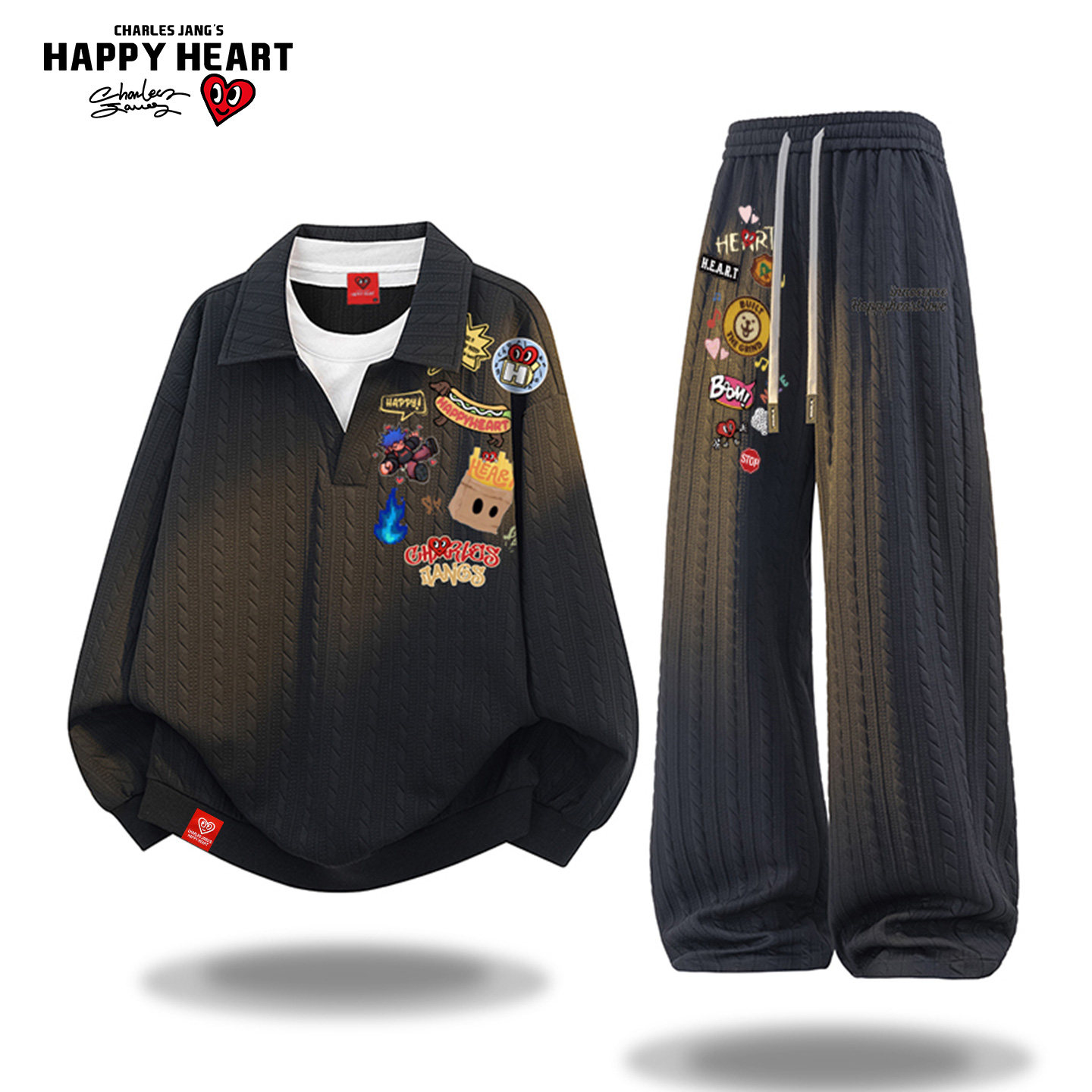 查尔斯桃心 美式动漫印花卫衣休闲套装男春秋季宽松运动情侣长裤