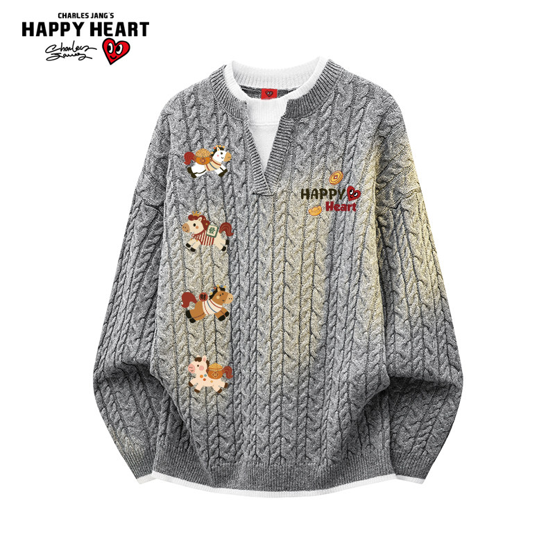 查尔斯桃心马年2026新款假两件针织衫线衣男女冬季慵懒情侣毛衣潮,男装,针织衫/毛衣,淘宝优惠券,粉丝福利购,淘宝优惠卷