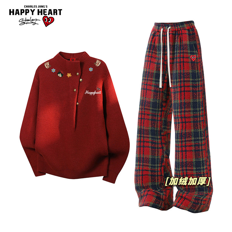 查尔斯桃心休闲套装男女冬季半高领保暖毛衣加绒加厚直筒长裤子潮,男装,休闲运动套装,淘宝优惠券,粉丝福利购,淘宝优惠卷