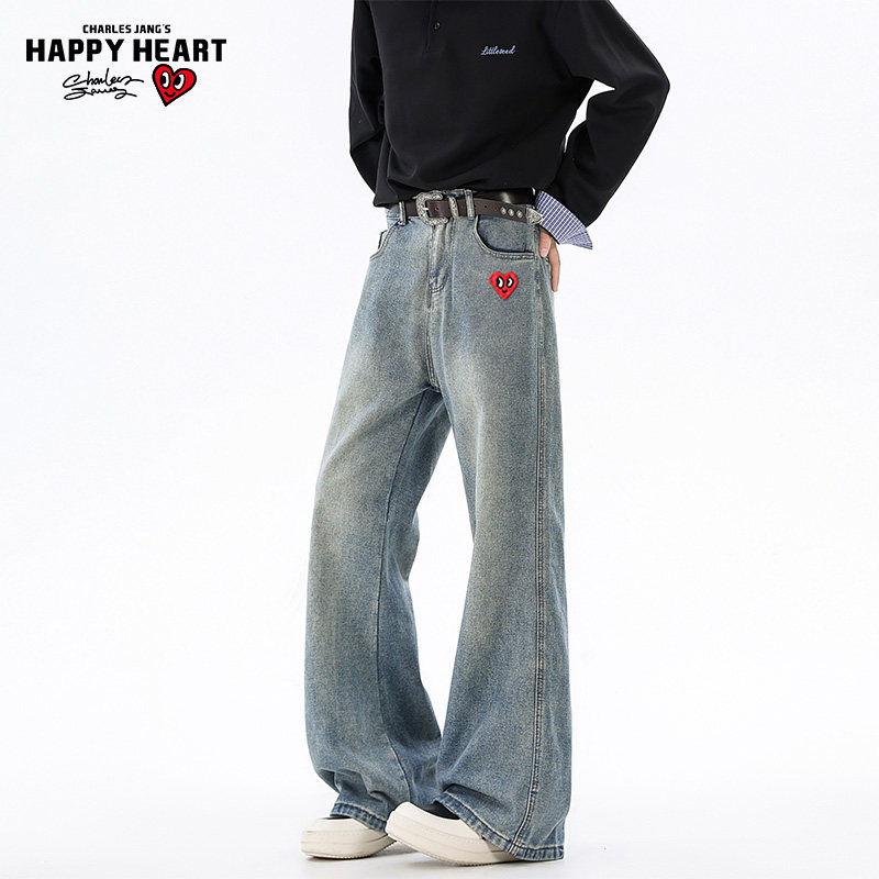 查尔斯桃心复古弯刀牛仔裤男磨白水洗秋冬季重磅宽松阔腿长裤子
