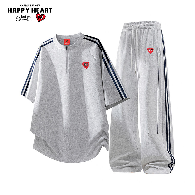 查尔斯桃心 美式休闲运动套装男条纹拼接半拉链短袖直筒长裤情侣