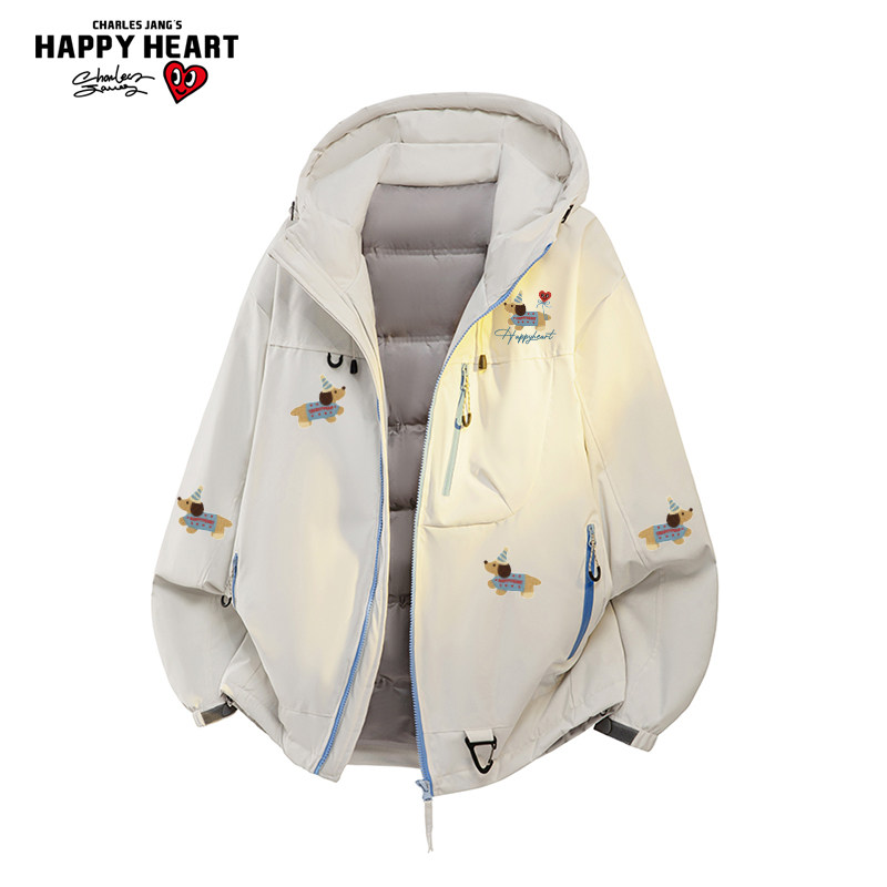 查尔斯桃心腊肠狗印花90羽绒服男女冬季新款保暖加厚情侣连帽外套