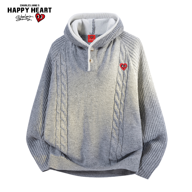 查尔斯桃心麻花纹连帽毛衣男春秋冬季宽松休闲撞色拼接针织衫情侣