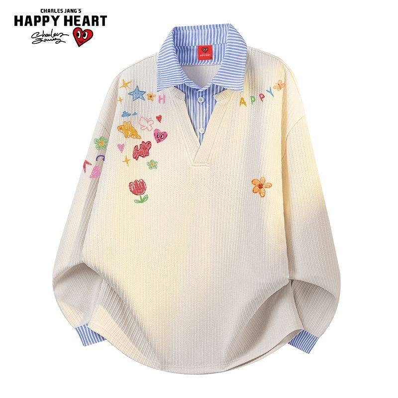 查尔斯桃心 美式衬衫领假两件拼接花卉涂鸦卫衣男女春秋宽松上衣,男装,卫衣,淘宝优惠券,粉丝福利购,淘宝优惠卷