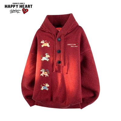 查尔斯桃心马年新款2026连帽针织衫男女冬季宽松休闲慵懒毛衣外套