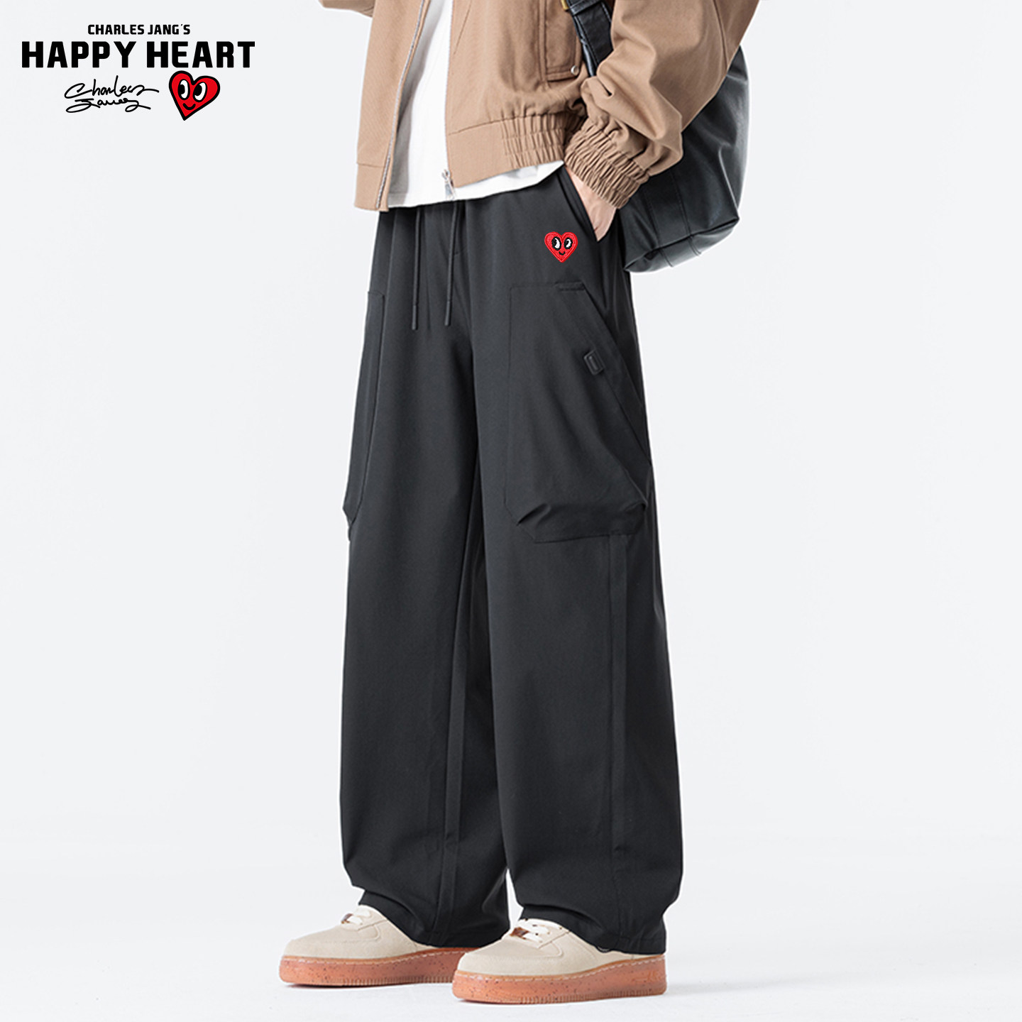 查尔斯桃心 美式防水机能冲锋裤子男女款春秋季直筒大码工装长裤