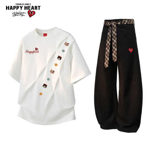 夏季新款桃心T恤弯刀裤套装