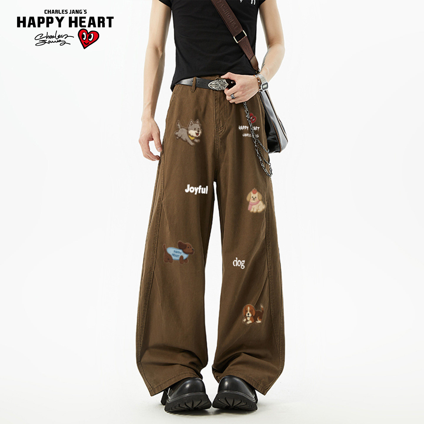 查尔斯桃心美式拼接弯刀裤子男款春秋季宽松直筒阔腿工装休闲长裤