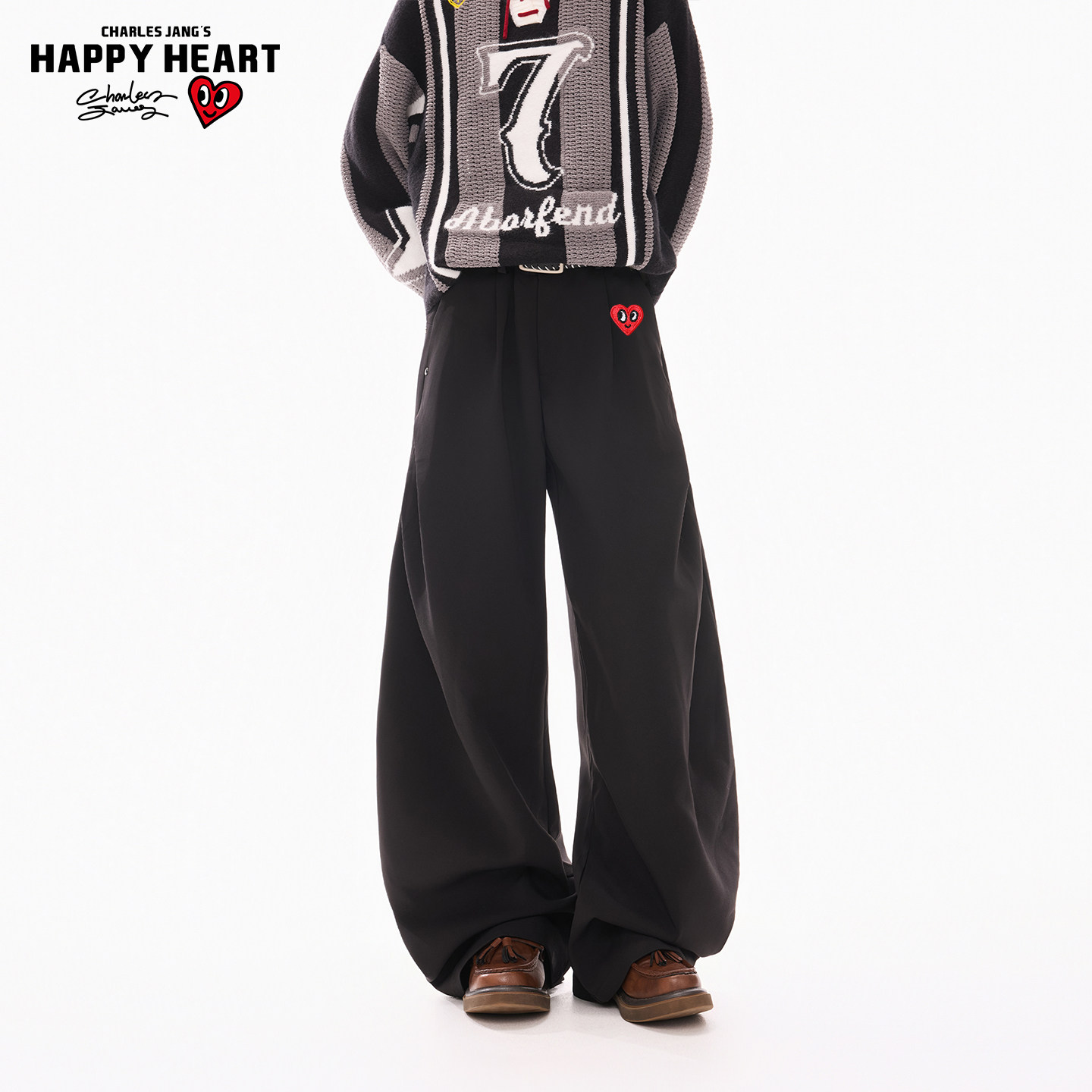 查尔斯桃心cleanfit打褶弯刀西裤男女春秋阔腿垂感百搭休闲长裤子