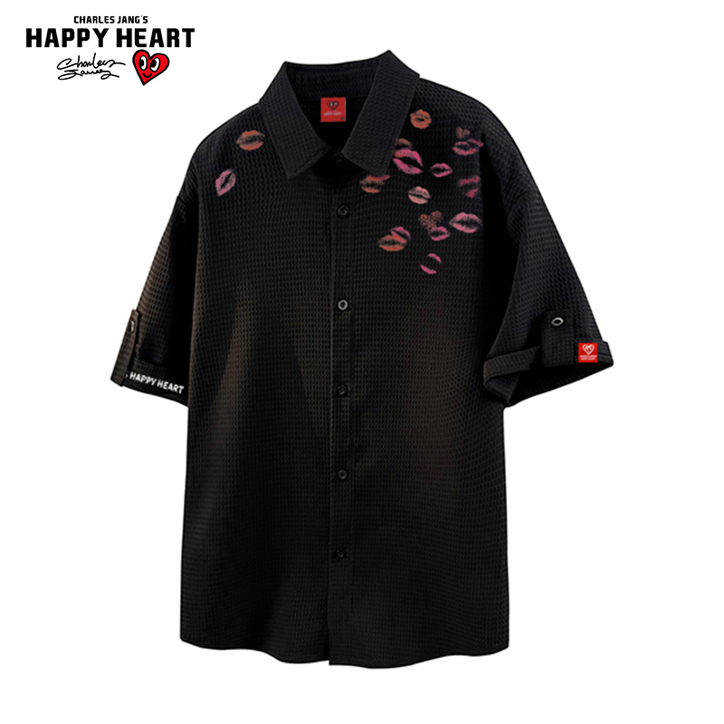 查尔斯桃心 美式复古印花冰丝透气短袖衬衫夏季休闲宽松半袖衬衣