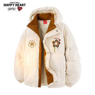 查尔斯桃心美式连帽羽绒服冬季85鸭绒超厚加厚花卉印花防寒外套潮