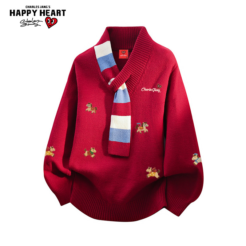 查尔斯桃心围巾领毛衣男女冬季新款马年2026红色情侣针织衫线衣潮,男装,针织衫/毛衣,淘宝优惠券,粉丝福利购,淘宝优惠卷