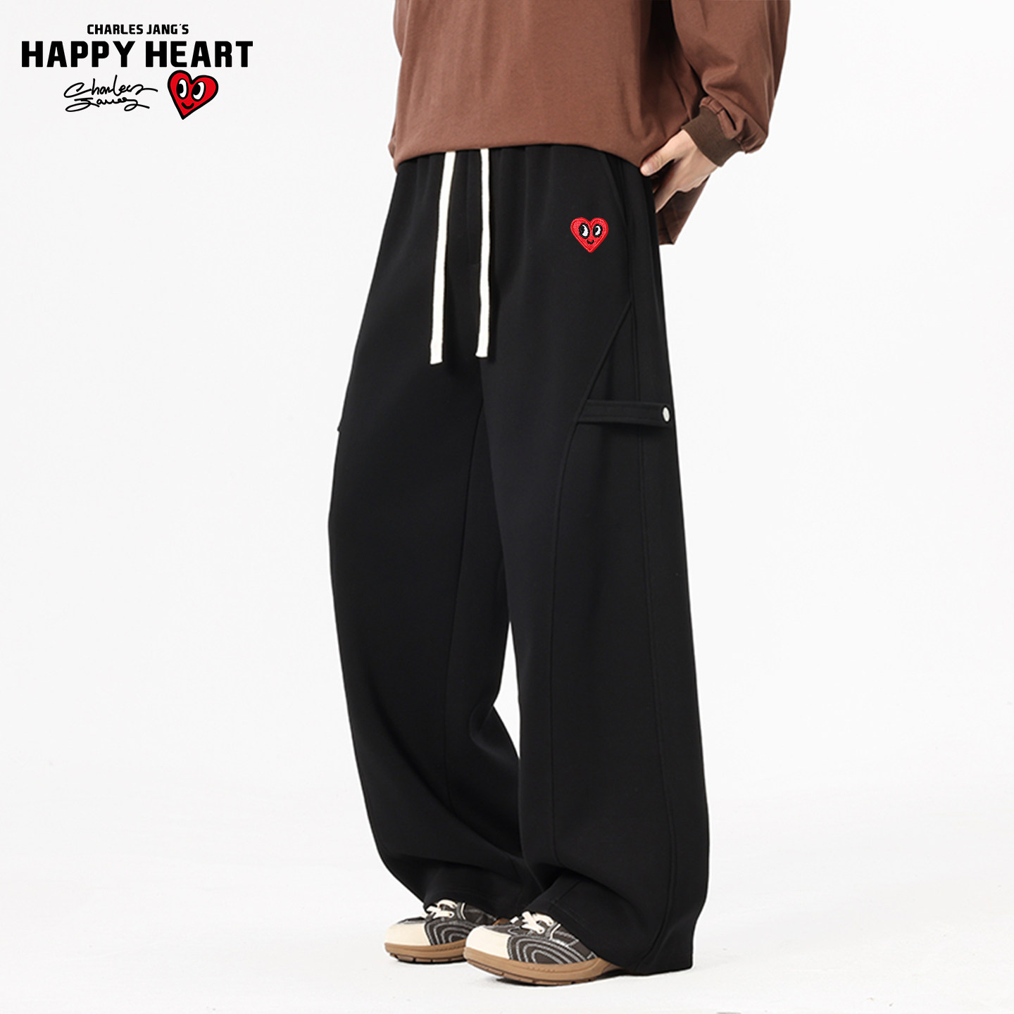 查尔斯桃心 奥粒绒休闲裤子男女秋冬季加绒加厚垂感直筒运动卫裤