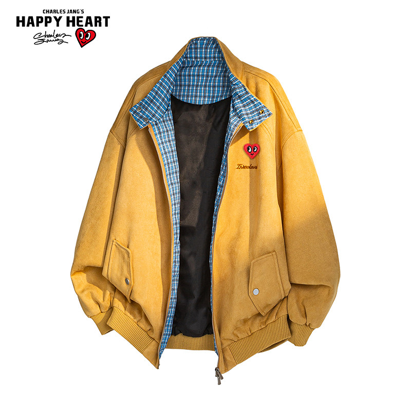 查尔斯桃心美式格子拼接麂皮绒夹克男春秋季新款潮流百搭休闲外套
