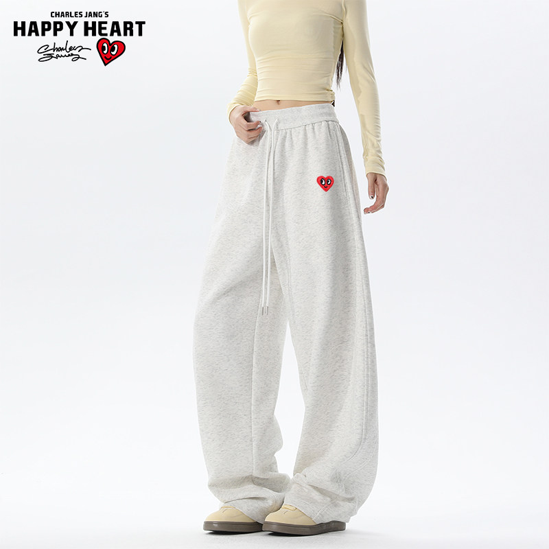 查尔斯桃心美式弯刀卫裤男女秋冬加绒加厚宽松垂感运动休闲长裤子