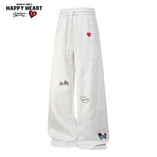 查尔斯桃心小狗刺绣卫裤男款春秋季宽松直筒阔腿运动休闲长裤子潮