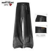 高街渐变弯刀牛仔裤 男款 春秋季 查尔斯桃心美式 宽松直筒阔腿长裤 子