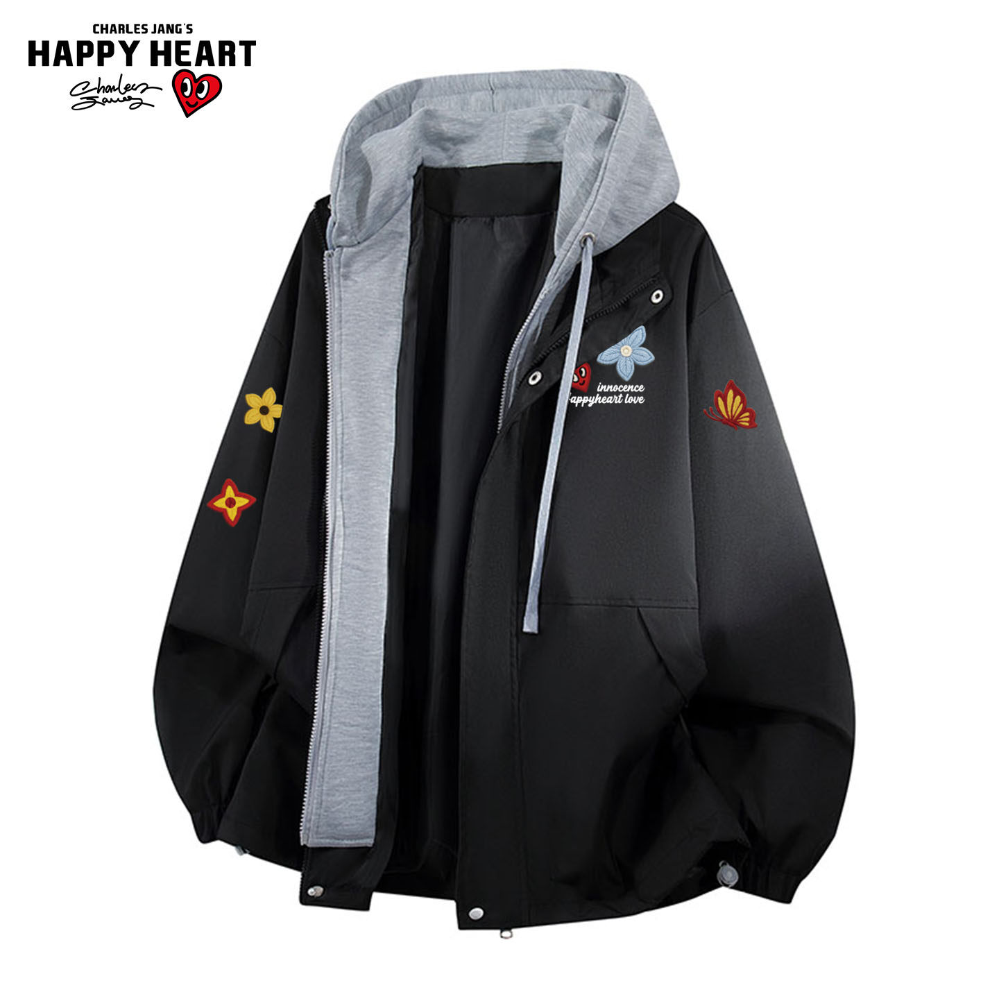 查尔斯桃心 美式撞色假两件连帽夹克男女春秋季花卉情侣休闲外套