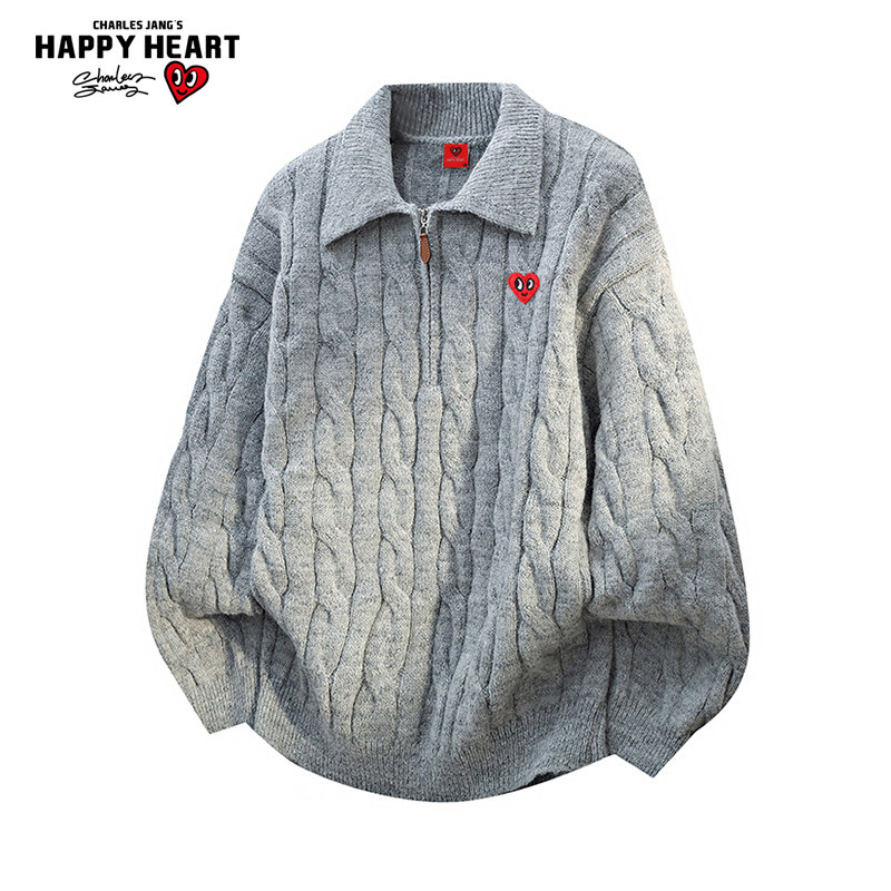 查尔斯桃心美式半拉链针织衫男女冬季潮牌新款百搭情侣翻领毛衣潮,男装,针织衫/毛衣,淘宝优惠券,粉丝福利购,淘宝优惠卷