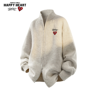 查尔斯桃心双拉链开衫毛衣男士秋冬季新款宽松百搭潮流情侣针织衫