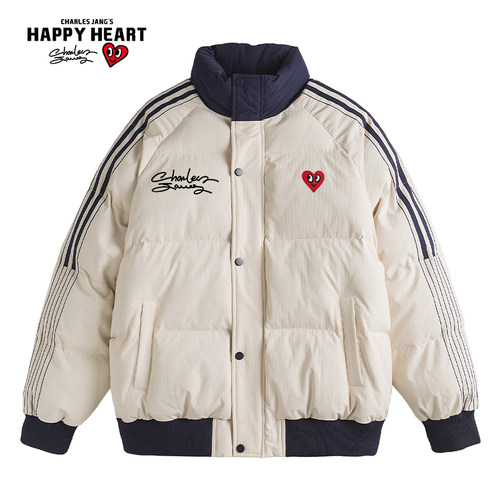 查尔斯桃心撞色条纹面包立领棉服