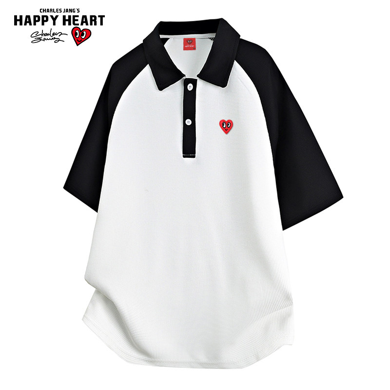 查尔斯桃心 美式插肩袖冰感速干短袖polo衫男夏季华夫格亨利领