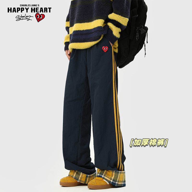 查尔斯桃心美式撞色条纹运动卫裤冬季男女宽松加厚加绒休闲长裤子