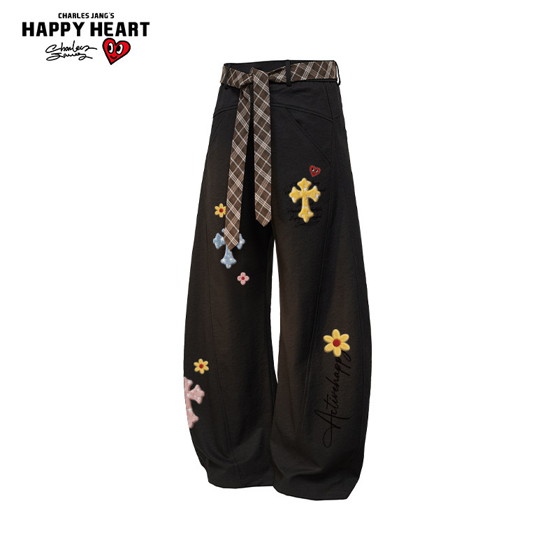查尔斯桃心十字架花卉印花弯刀裤男女春秋季2026新款休闲直筒裤子