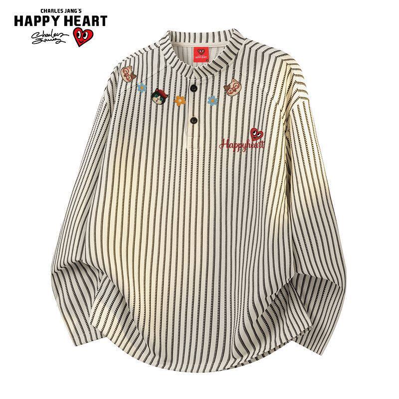 查尔斯桃心 美式条纹小猫涂鸦亨利领长袖T恤男女宽松休闲透气上衣