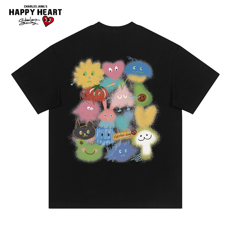 查尔斯桃心 短袖t恤男美式卡通泼墨彩色涂鸦印花夏季情侣纯棉上衣
