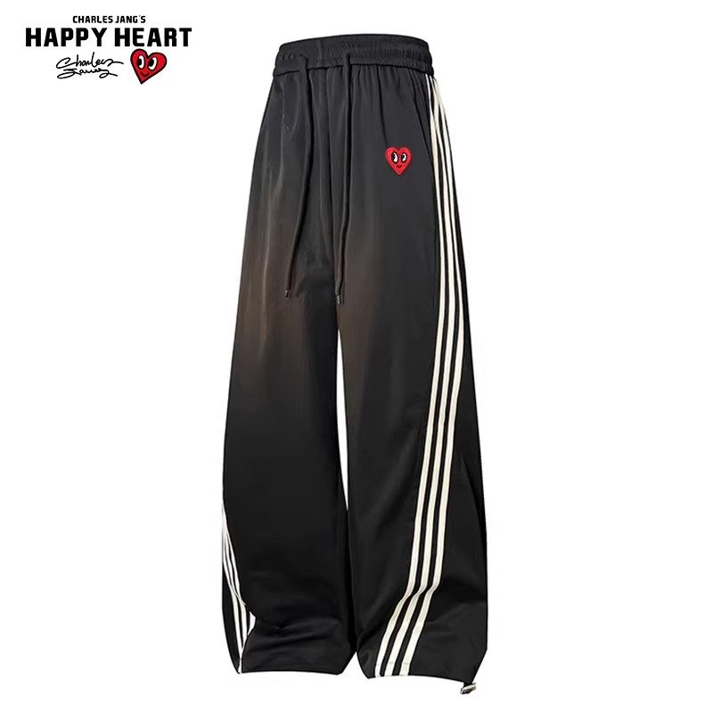 查尔斯桃心 春夏新款三条杠条纹休闲长裤男女同款直筒宽松裤子