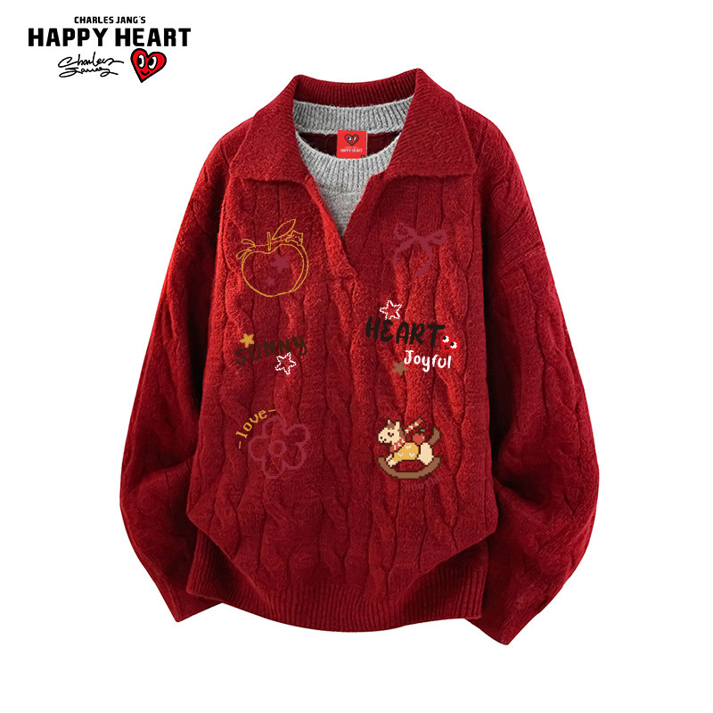 查尔斯桃心马年2026新款宽松休闲翻领针织衫上衣男女冬季情侣毛衣,男装,针织衫/毛衣,淘宝优惠券,粉丝福利购,淘宝优惠卷