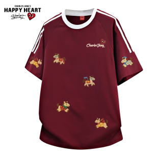 查尔斯桃心红色马年印花圆领短袖 撞色条纹休闲情侣上衣 T恤男夏季