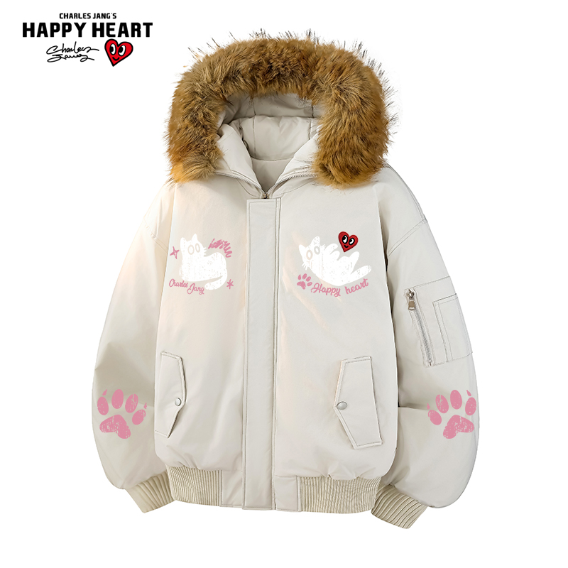 查尔斯桃心 猫咪印花大毛领棉服男冬季新款加厚保暖休闲情侣外套