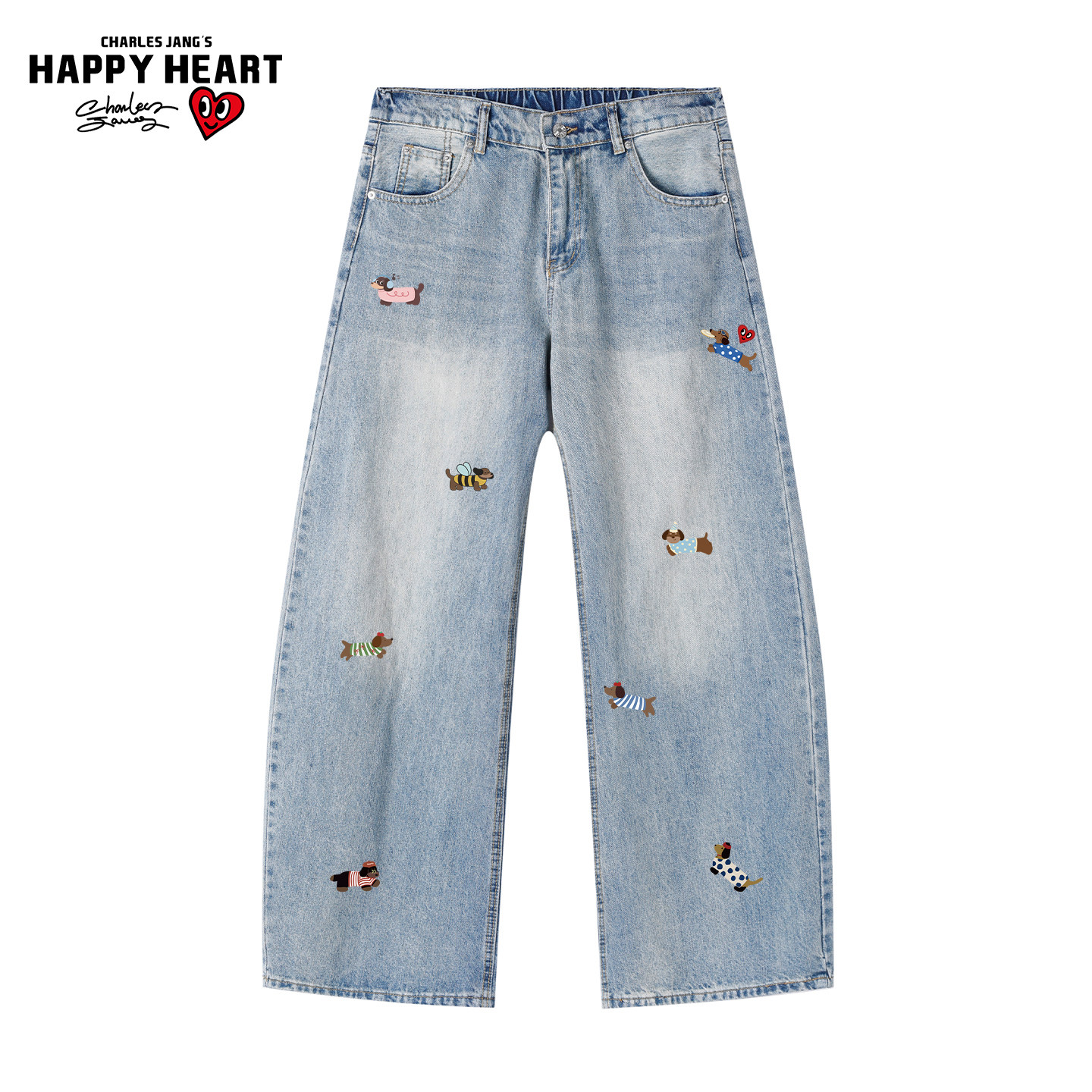 查尔斯桃心卡通印花新款牛仔裤男女宽松直筒水洗休闲长裤美式风