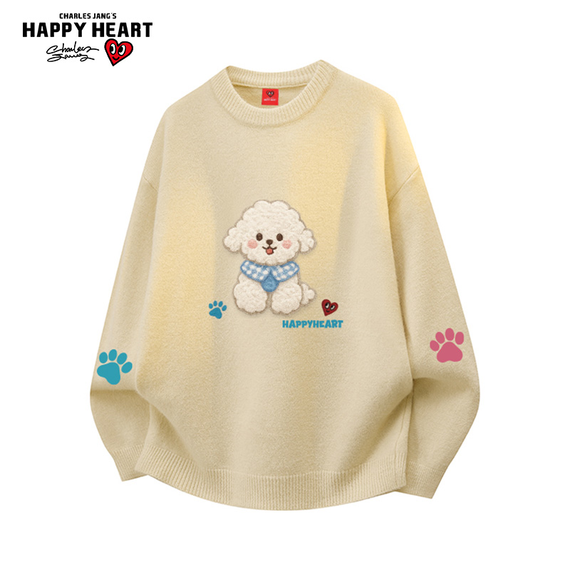 查尔斯桃可爱小狗印花圆领毛衣