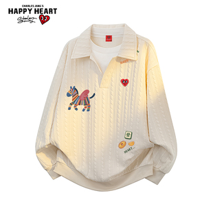 查尔斯桃心假两件翻领卫衣男女春秋季2026新款宽松休闲长袖上衣服