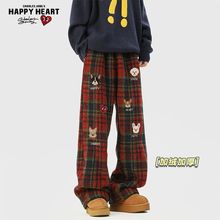查尔斯桃心小狗印花毛呢格子裤子男女冬季新款保暖加绒加厚直筒裤