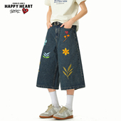 子花朵刺绣设计感七分裤 直筒裤 潮 男女夏季 查尔斯桃心宽松牛仔短裤