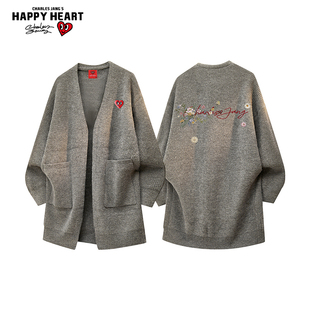 查尔斯桃心 复古花卉印花中长款开衫毛衣男秋冬季慵懒风情侣外套