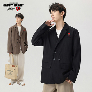 查尔斯桃心 复古纯色高级感西服外套男潮牌宽松休闲新款痞帅西装
